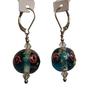 Lampwork Wedding Cake Rose Drop Earrings Pink Floral Accents Sterling Silver